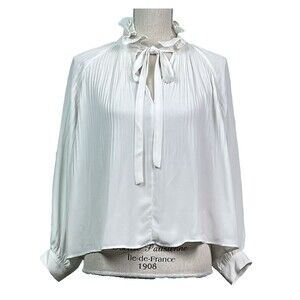 Tie-Front Blouse  Ivory Chiffon Eri + Ali Pleated Stand-Up Ruffled Collar Sz XSP
